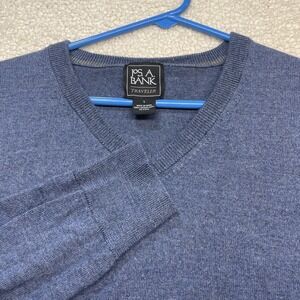 Jos A Bank Men's Traveler's Blue Tight Knit Merino Wool V Neck‎ Sweater L large